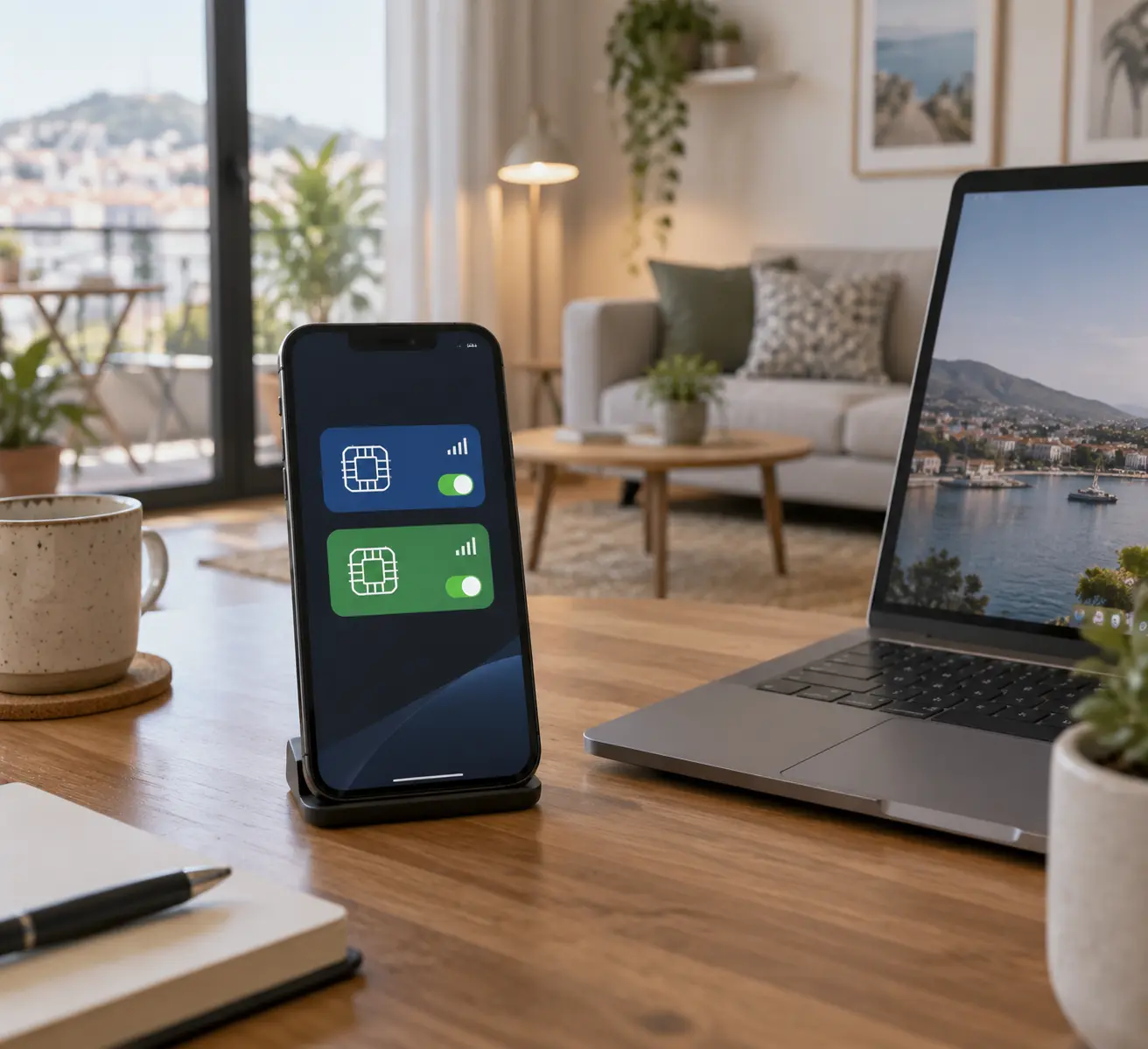 Смартфон с двумя активными профилями eSIM лежит рядом с ноутбуком на столе в квартире, снятой на три месяца в Лиссабоне.