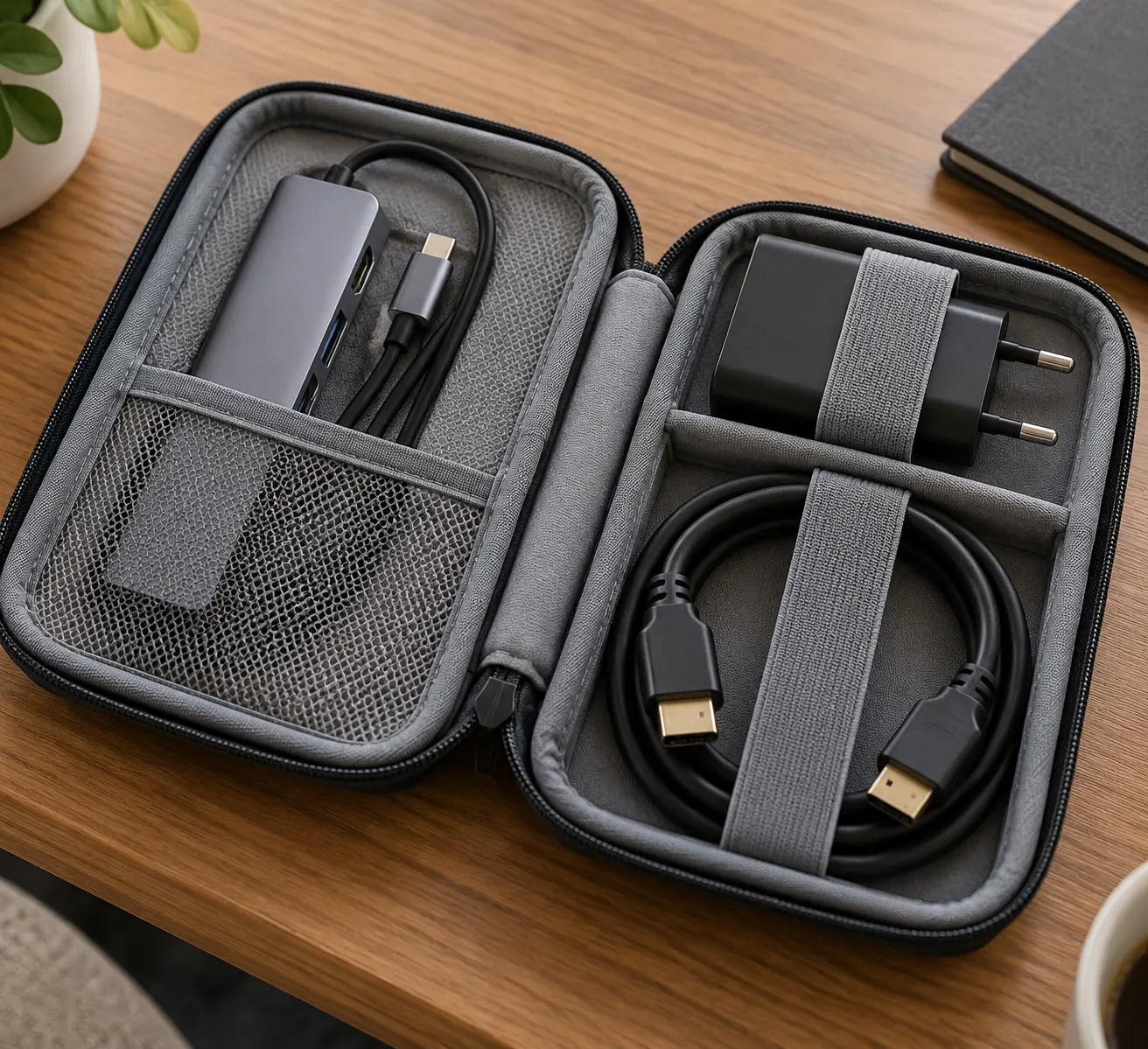 USB-C хаб со свободно уложенным коротким кабелем находится в отдельном кармане дорожного органайзера рядом с зарядником и HDMI-проводом.