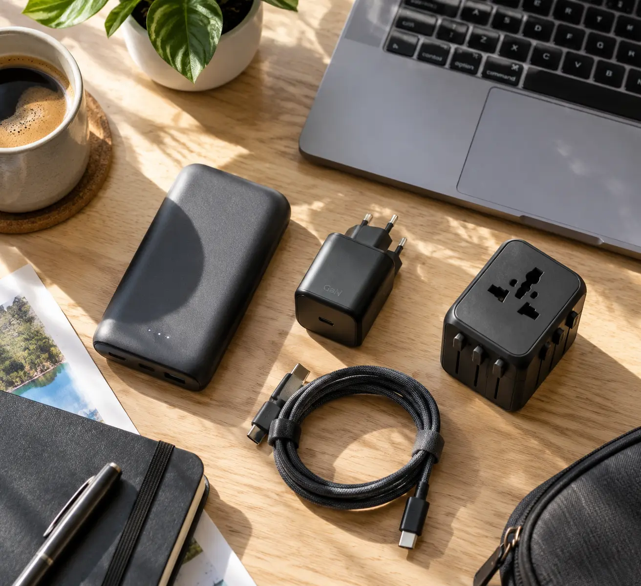 Рюкзак цифрового кочевника с пауэрбанком на 20 000 мА·ч, GaN-зарядкой и переходником для розеток на столе коворкинга