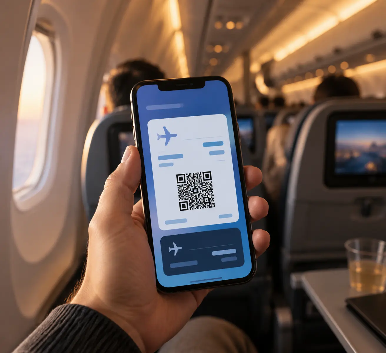Экран смартфона с открытым офлайн-режимом Tripscan и сохранёнными QR-кодами бронирований на фоне освещённого салона самолёта