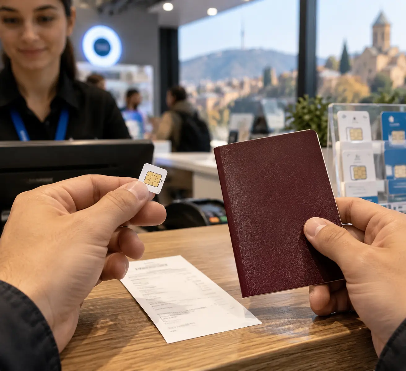 Руки держат пластиковую SIM-карту и загранпаспорт на стойке мобильного оператора в Тбилиси, рядом чек об оплате месячного тарифа