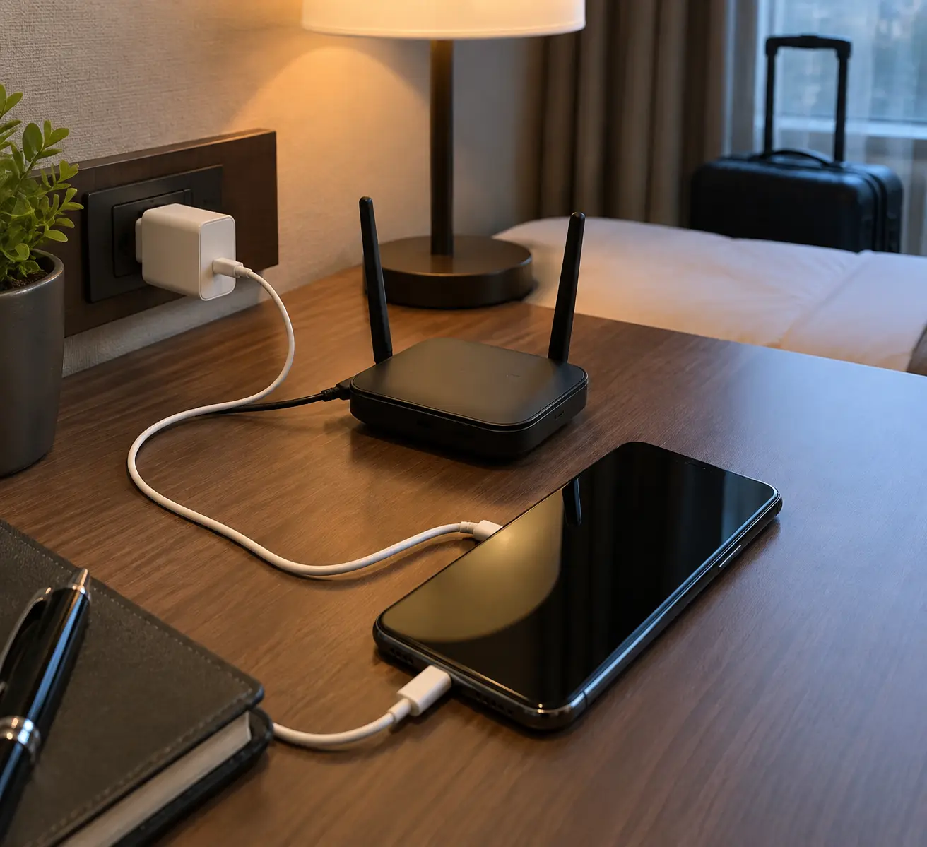 Дорожный роутер стоит рядом с USB-блоком питания и телефоном на гостиничном столе, показывая схему резервного подключения для удалённой работы.