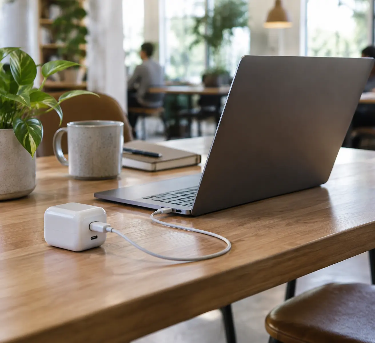 Компактная GaN-зарядка лежит рядом с ноутбуком и кабелем USB-C на столе коворкинга перед проверкой совместимости всего дорожного комплекта.