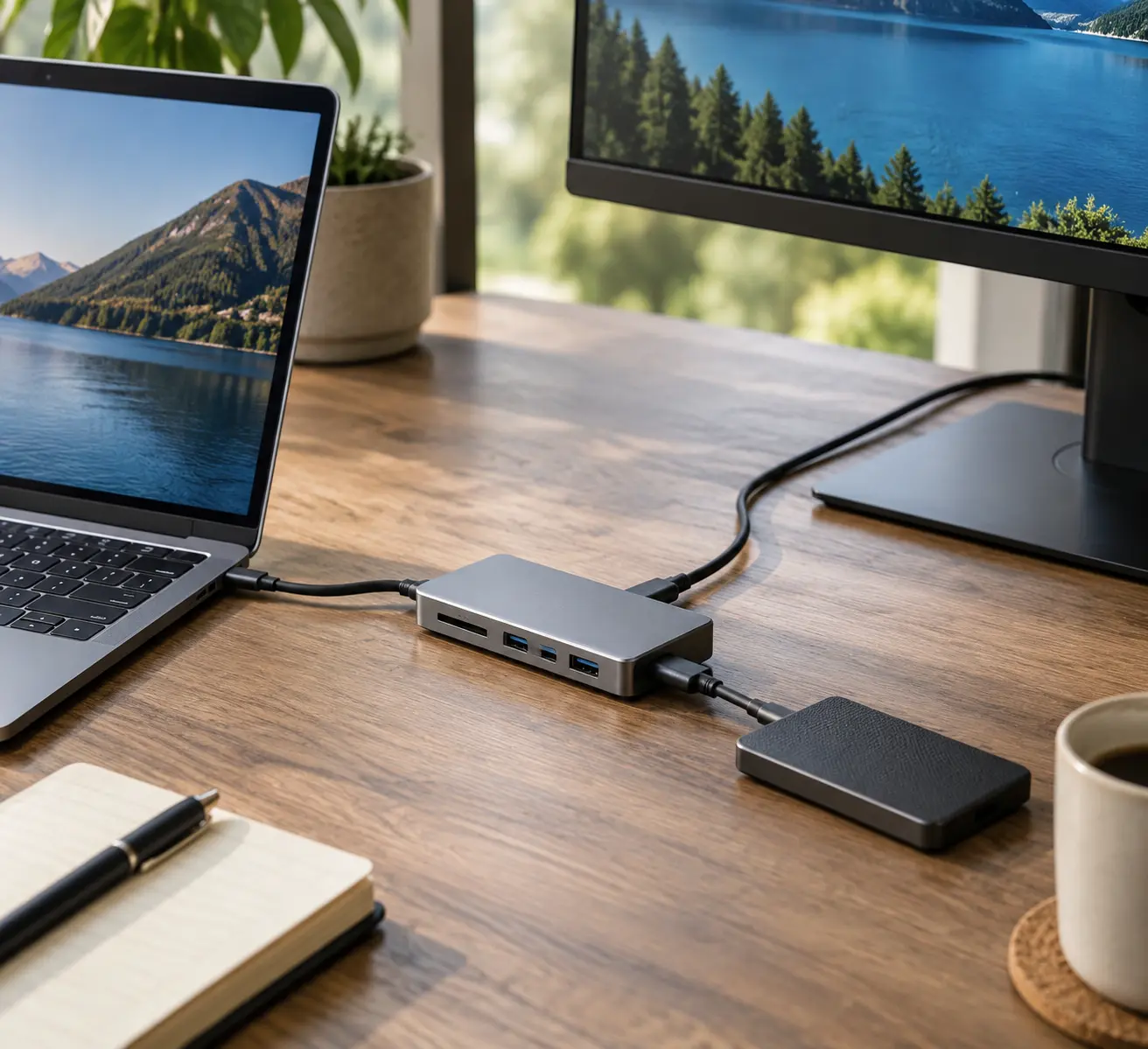 Компактный USB-C хаб лежит рядом с ноутбуком на открытом столе, пока подключённые накопитель и монитор создают длительную нагрузку.
