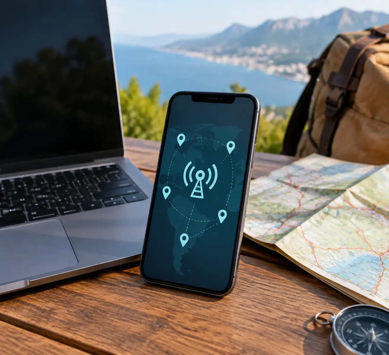 Смартфон с открытой страницей выбора eSIM Holafly лежит рядом с ноутбуком и картой маршрута перед двухнедельной рабочей поездкой.