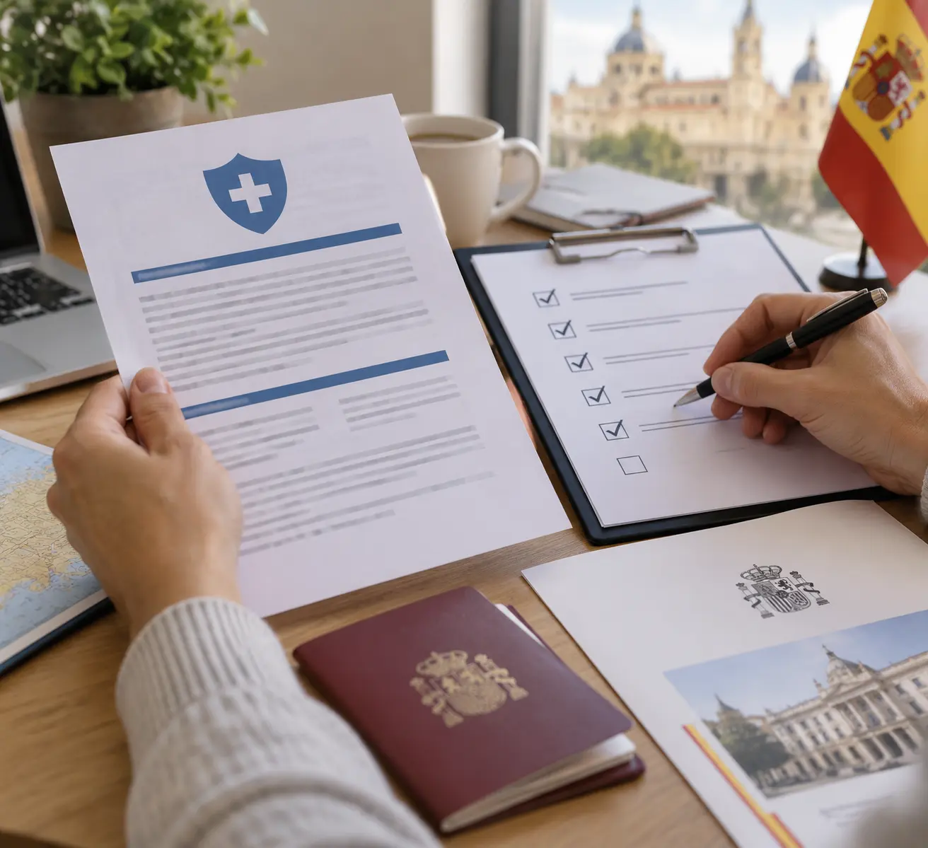 Заявитель сравнивает бумажный полис медстраховки с требованиями консульства Испании за столом, рядом лежат паспорт и распечатка условий покрытия.