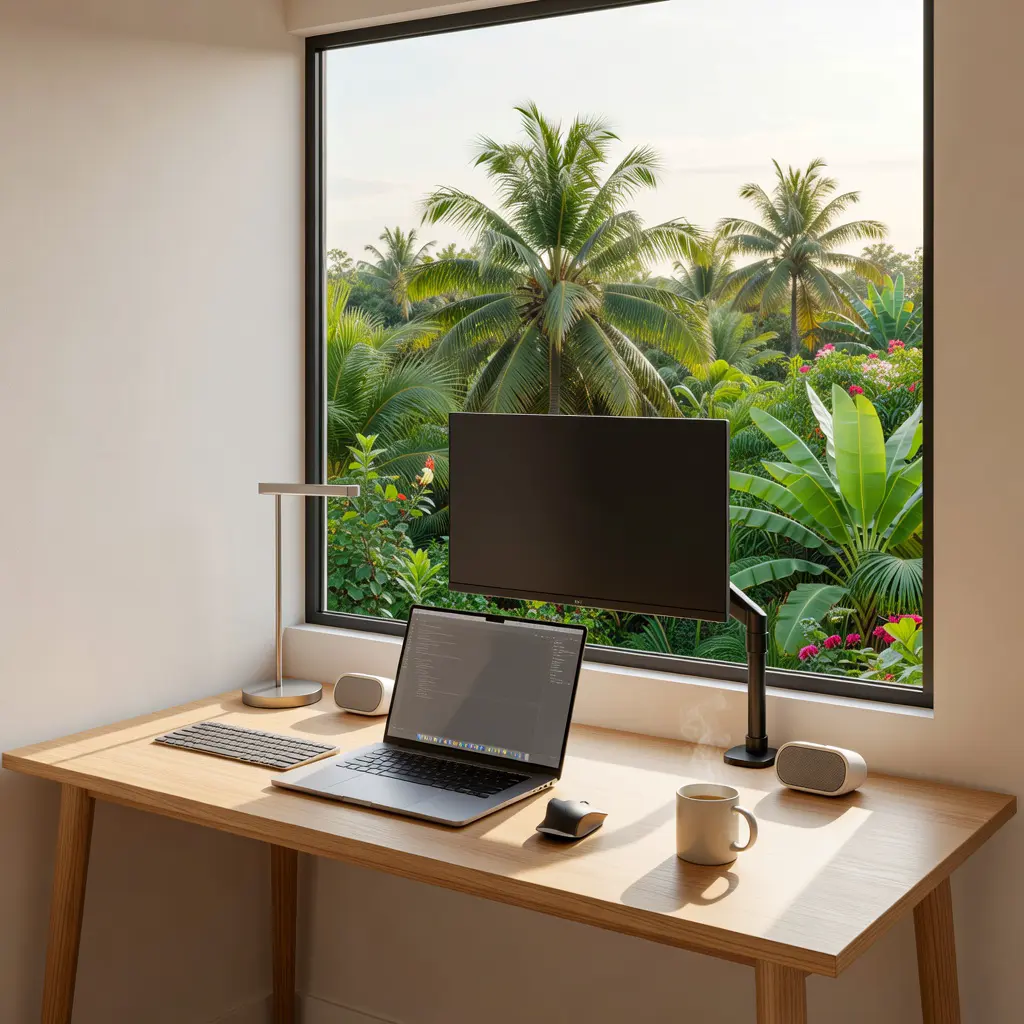 Ноутбук и внешний монитор стоят на арендованном письменном столе у окна съёмной квартиры в тёплой стране.
