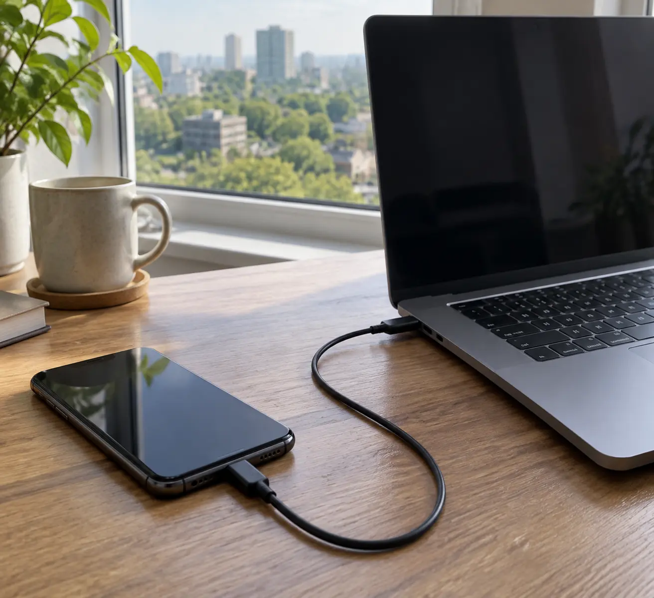 Резерв через USB Смартфон соединён кабелем с ноутбуком на столе у окна; эта связка показывает резервное подключение во время рабочей видеовстречи.