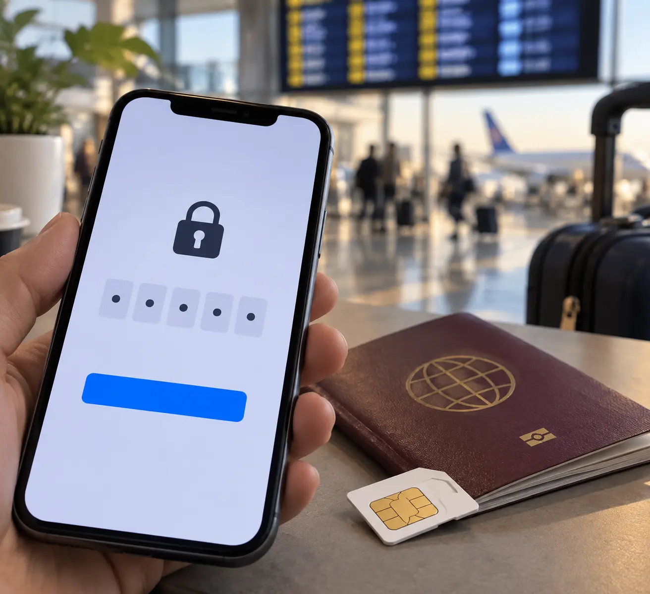 Смартфон с экраном двухфакторной аутентификации лежит рядом с паспортом и сим-картой местного оператора на столе в зале ожидания.