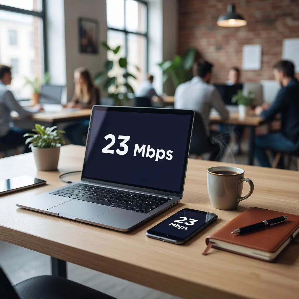 Ноутбук и смартфон лежат на столе в коворкинге Кракова, на экране открыт speedtest с результатом двадцать три мегабита в секунду.