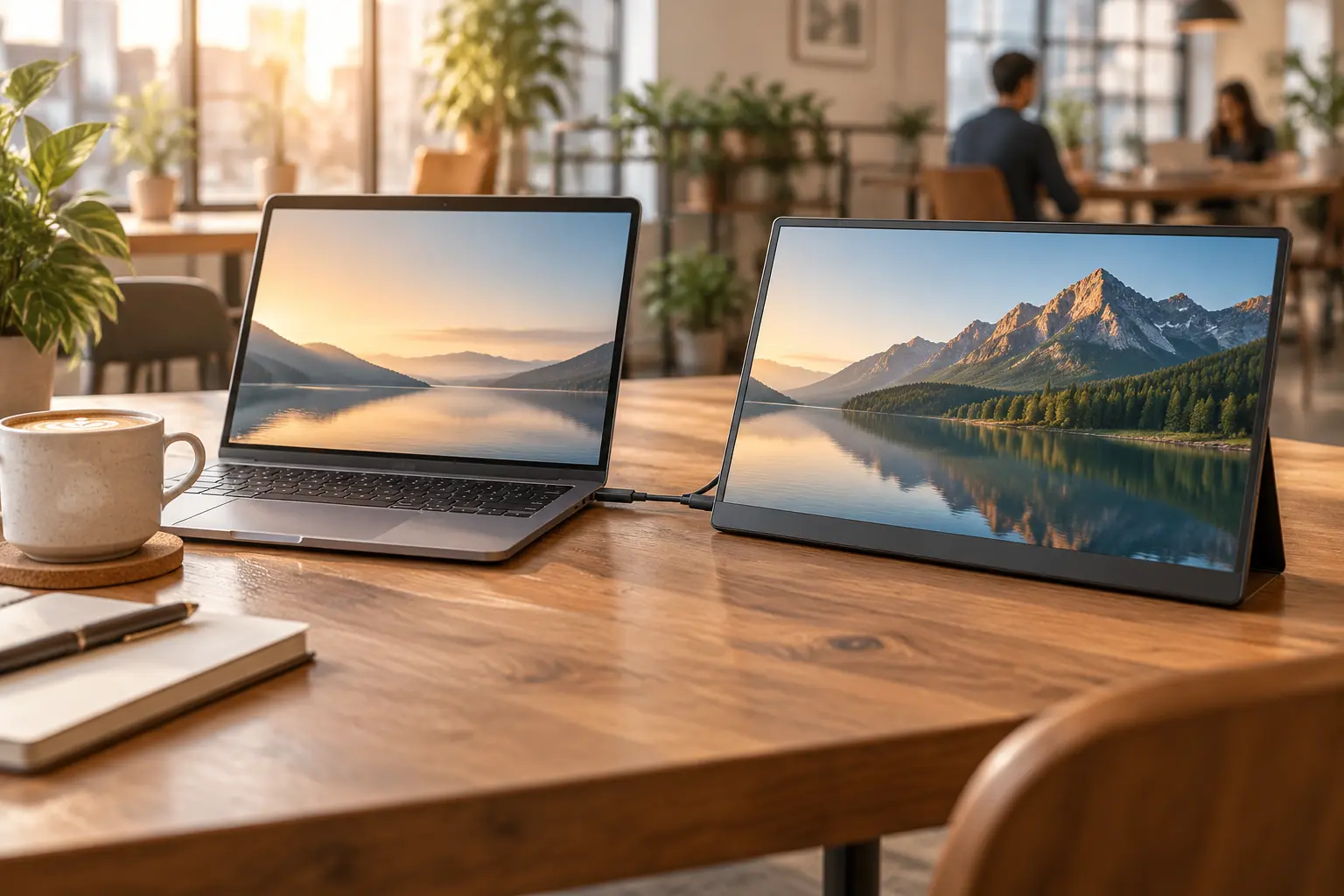 Портативный монитор 15,6 дюйма с одним кабелем USB-C подключён к ультрабуку на деревянном столе в коворкинге Бангкока утром.