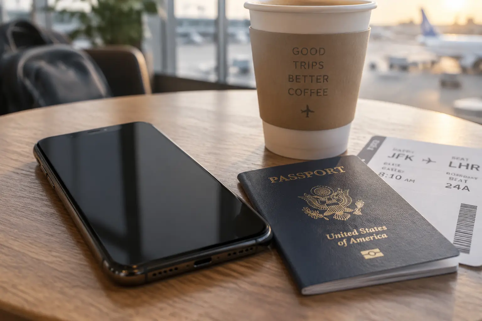 Смартфон с открытым списком бронирований Tripscan лежит рядом с паспортом и посадочным талоном на столе в утреннем аэропорту