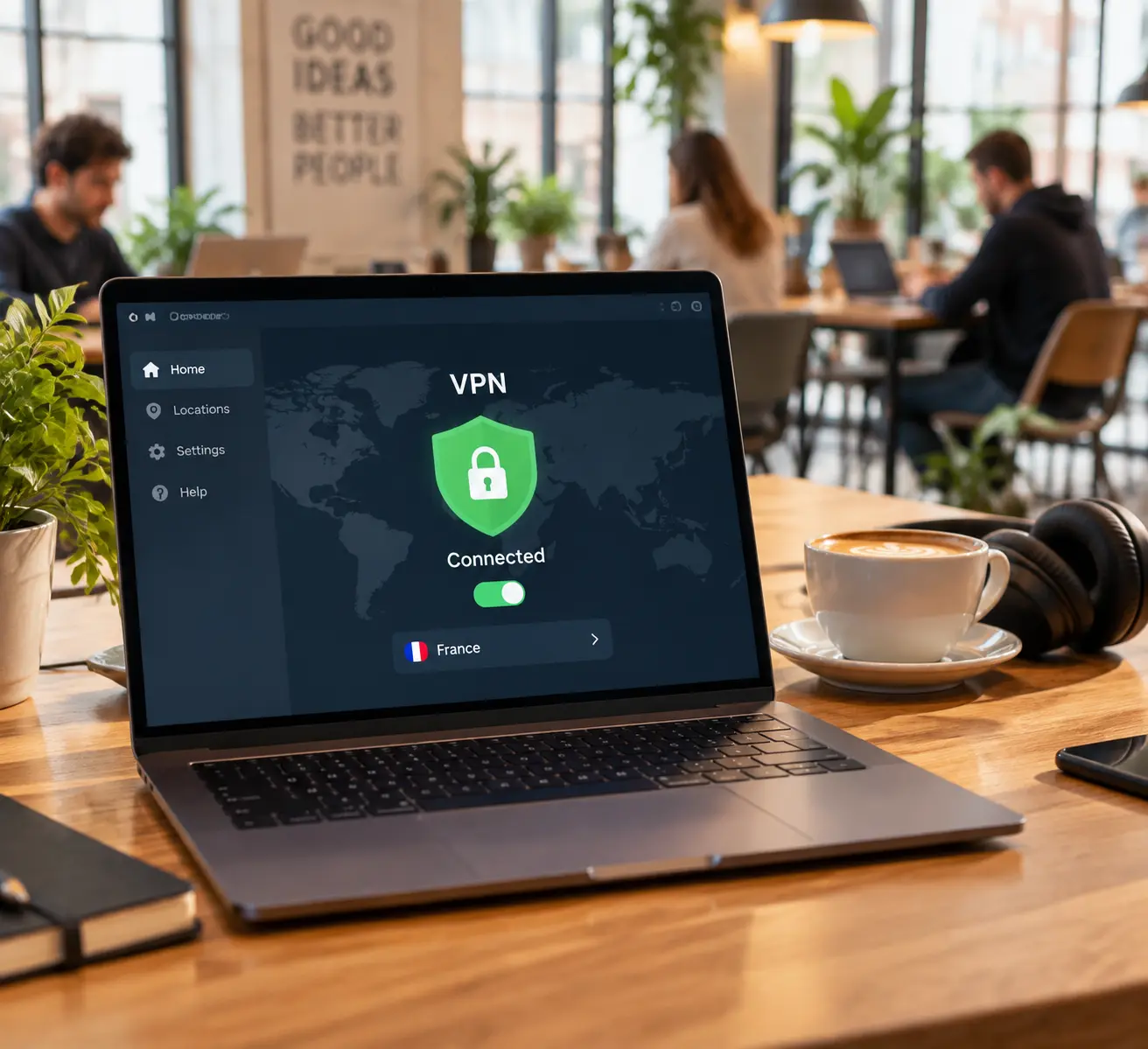 Экран ноутбука в коворкинге с включённым VPN-туннелем, рядом кофе и наушники - защита рабочего трафика в публичной сети