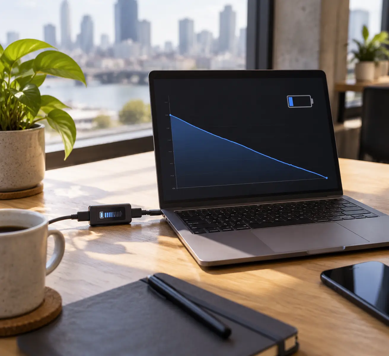 Ноутбук на столе у окна в коворкинге с подключённым USB-C ваттметром, на экране открыт график разрядки батареи при яркости 50 процентов.